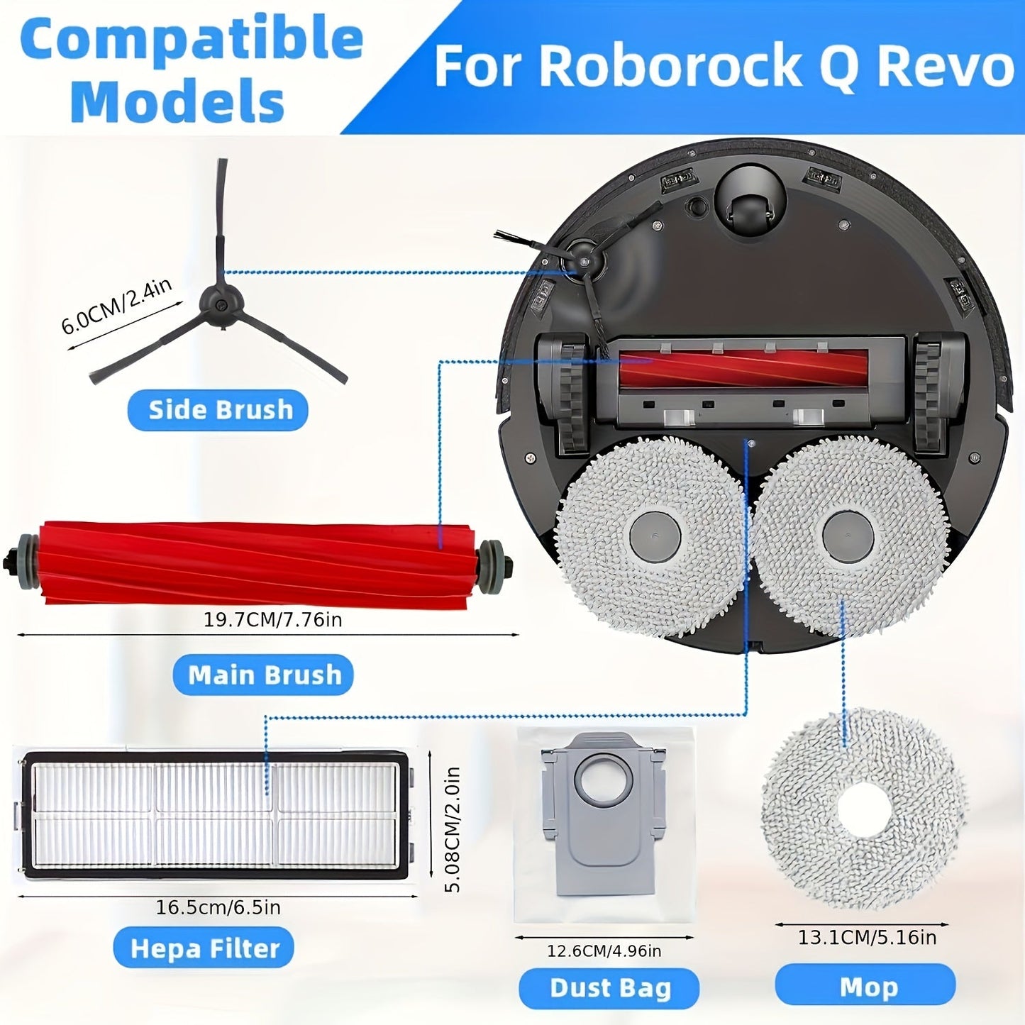 Get the most out of your Roborock Q Revo Robot Vacuum with this 15 pack accessories kit. This kit includes 1 main roller brush, 2 HEPA filters, 2 authentic dust bags, 4 mop cloths, and 4 side brushes. Made from durable plastic and ABS material, these