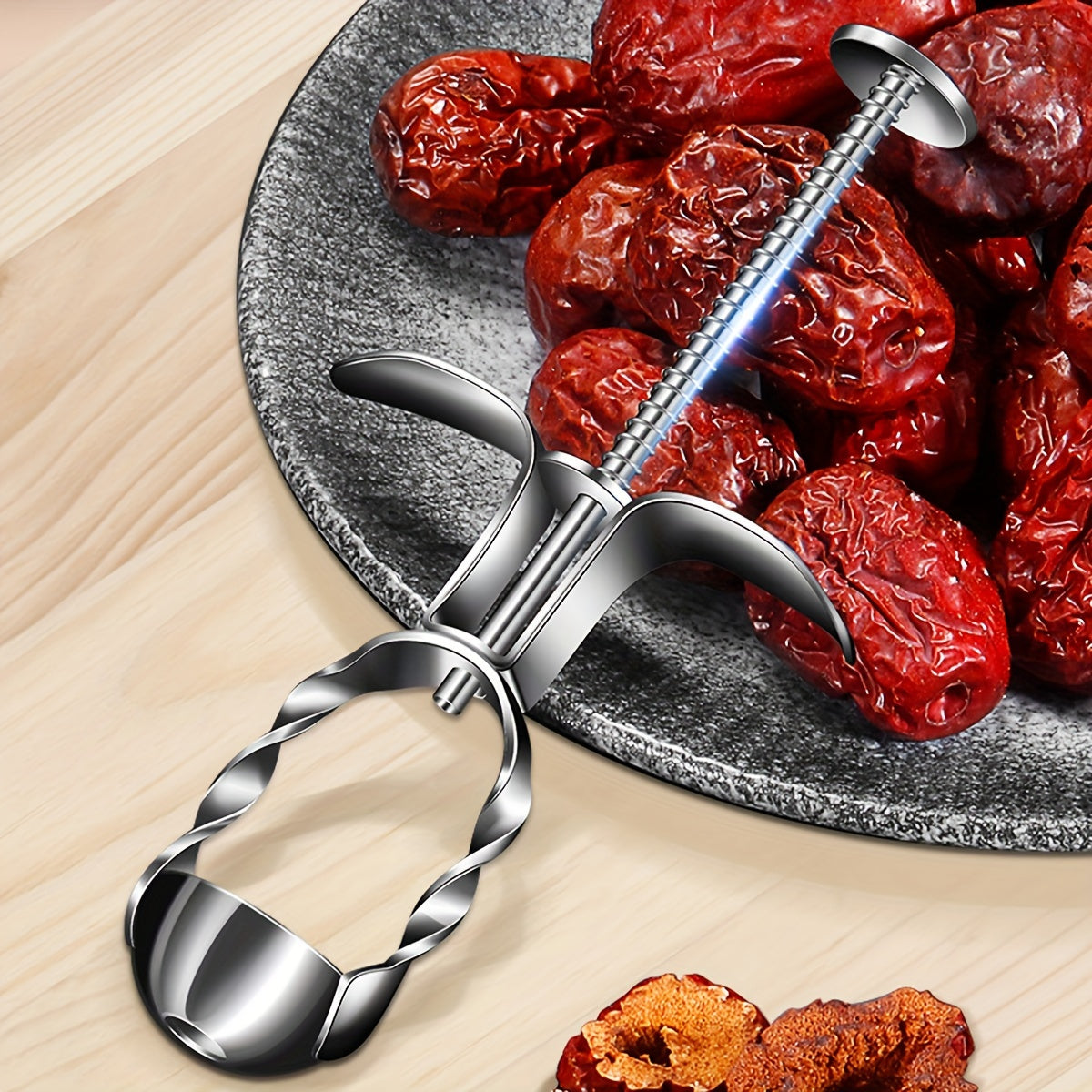 Professional grade kitchen accessory that is a durable fruit and vegetable seed remover. This stainless steel date pitter corer tool set is a multifunctional kitchen gadget perfect for jujube, cherry, and olive pitting. It is a handy pit extractor device