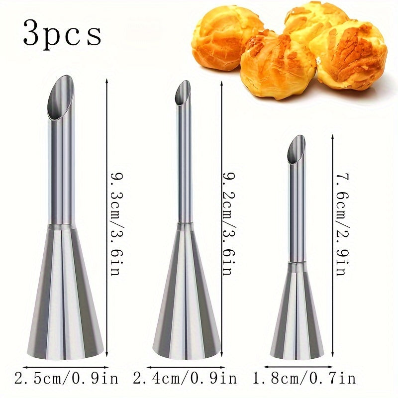 Professional Stainless Steel Long Cream Puff Nozzle Decor Set with 3 Pieces of Cream Icing Piping Nozzle Tips, Small Pastry Icing Piping Decorating Tools, Baking Supplies, and Kitchen Items