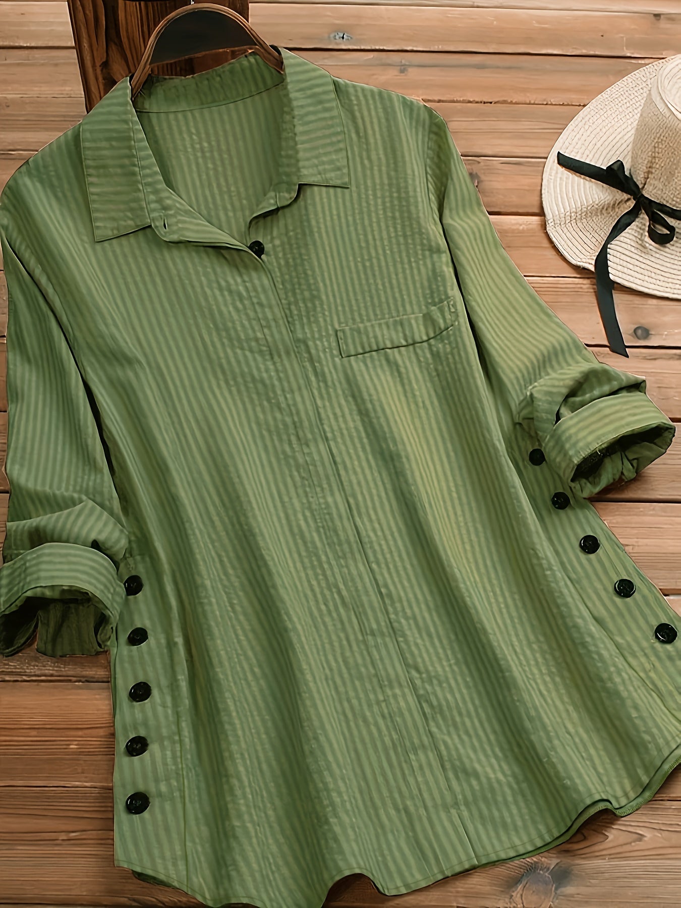 Spring collection: green striped long sleeve women's shirt with button detail - casual yet chic, 100% polyester, machine washable, versatile top with chest pocket.