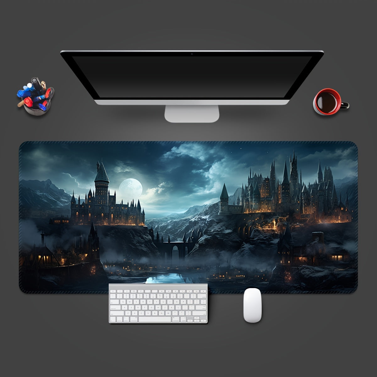 Castle Night Large Extended Gaming Mouse Pad made of rubber material with non-slip washable desk mat and precision edge stitching, ideal for gifting.