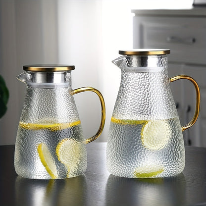 Durable and Elegant Glass Pitcher with Golden Handle - Perfect for Serving Cold Beverages, Tea & Water - Large Capacity, Heat-Resistant Carafe - Dishwasher Safe, Ideal for Home & Restaurant Use