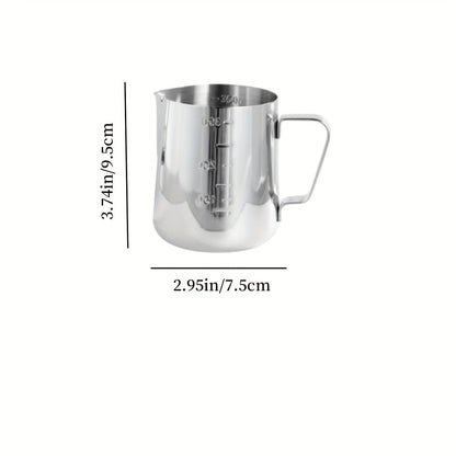 The Stainless Steel Coffee Art Cup is perfect for creating beautiful latte art, cappuccinos, and iced teas. Featuring convenient measurement marks and a large capacity, this milk frothing pitcher is available in 350ml, 600ml, and 900ml sizes.