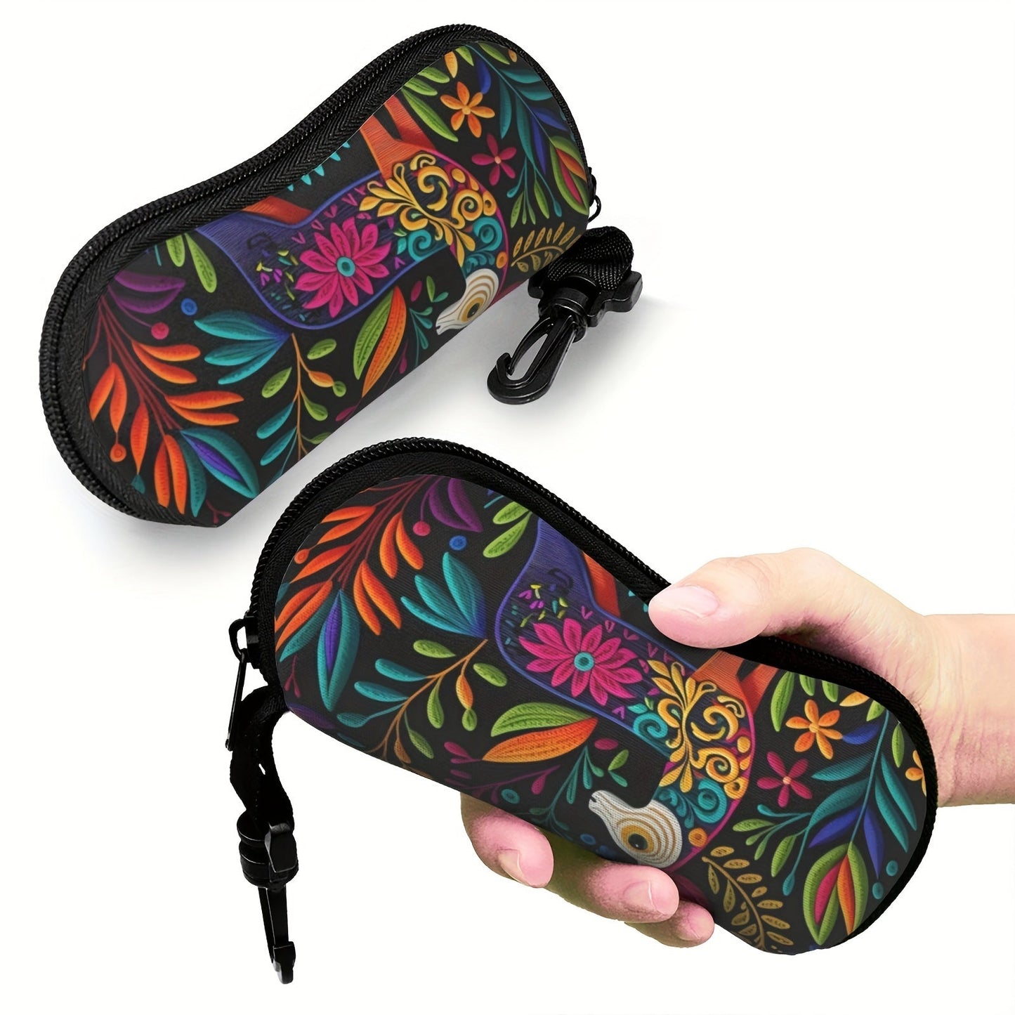 Waterproof glasses case with keychain featuring Mexican floral art design. Made of ultra-light and soft neoprene, this reading glasses holder is perfect for both men and women.