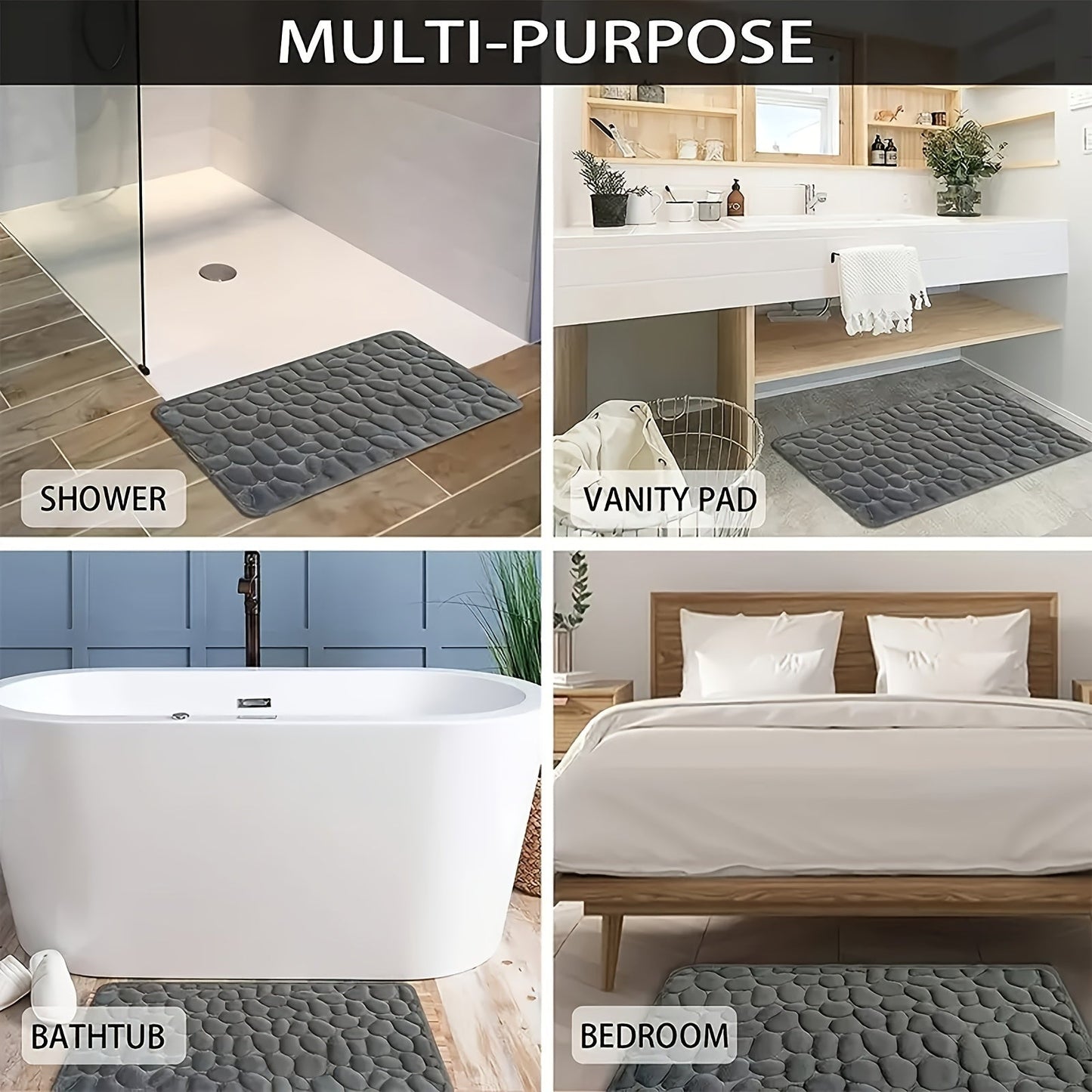 Soft and comfortable memory foam bath rug with cobblestone embossment, designed for rapid water absorption and easy washing. Featuring a non-slip backing, this rug is perfect for use in the shower room and as a stylish bathroom accessory. Ideal for