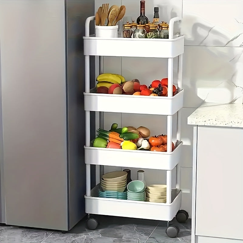 3-tier or 4-tier rolling utility cart made of metal and plastic, inspired by Nordic design. Equipped with brake wheels for stability, this versatile storage organizer can be used in the kitchen, office, pantry, bookshelf, or as a snack rack. No