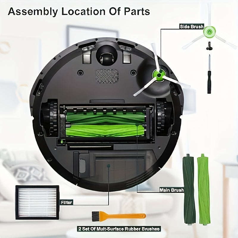 Replacement parts kit for Irobot Roomba vacuum robots in the I and J Plus series, includes 10 pieces: 1 set of roller brushes, 3 HEPA filters, 3 side brushes with screws, and 3 garbage replacement bags. Comes in a worry-free package.