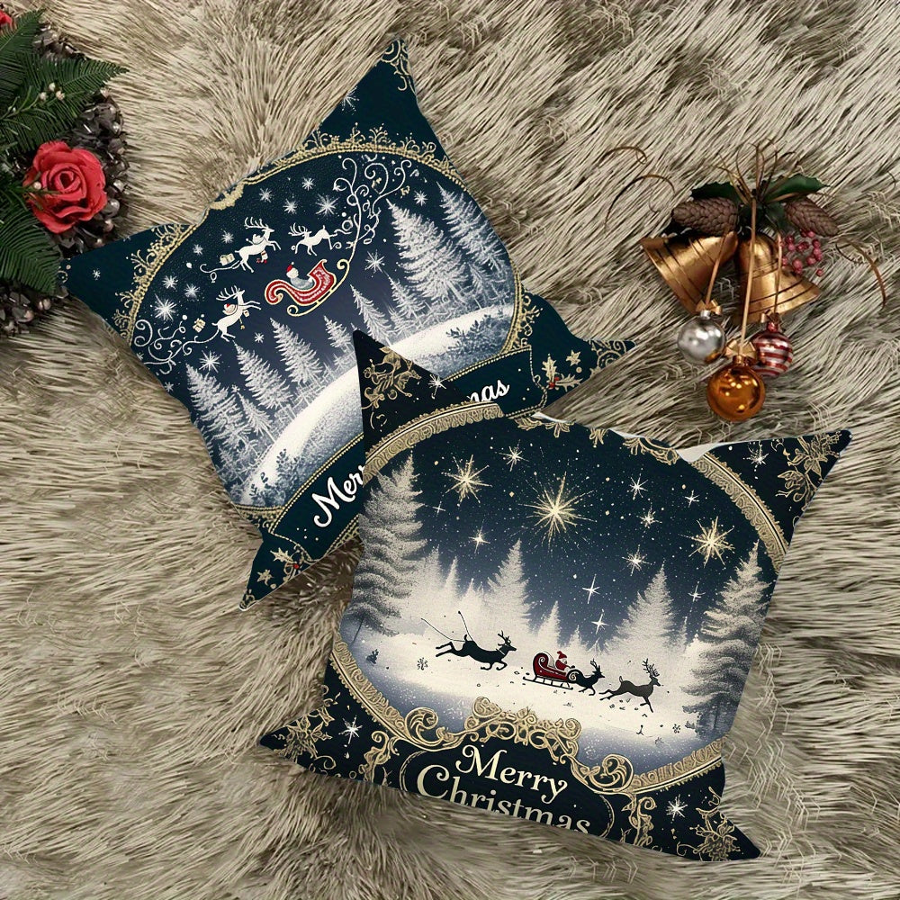 Set of 4 Festive Christmas Throw Pillow Covers featuring Soft Plush Santa & Reindeer Design, Ideal for Decorating Sofas and Cars, Easily Washable in Machine, 45.72x45.72 cm Size, Christmas-themed Pillow Covers