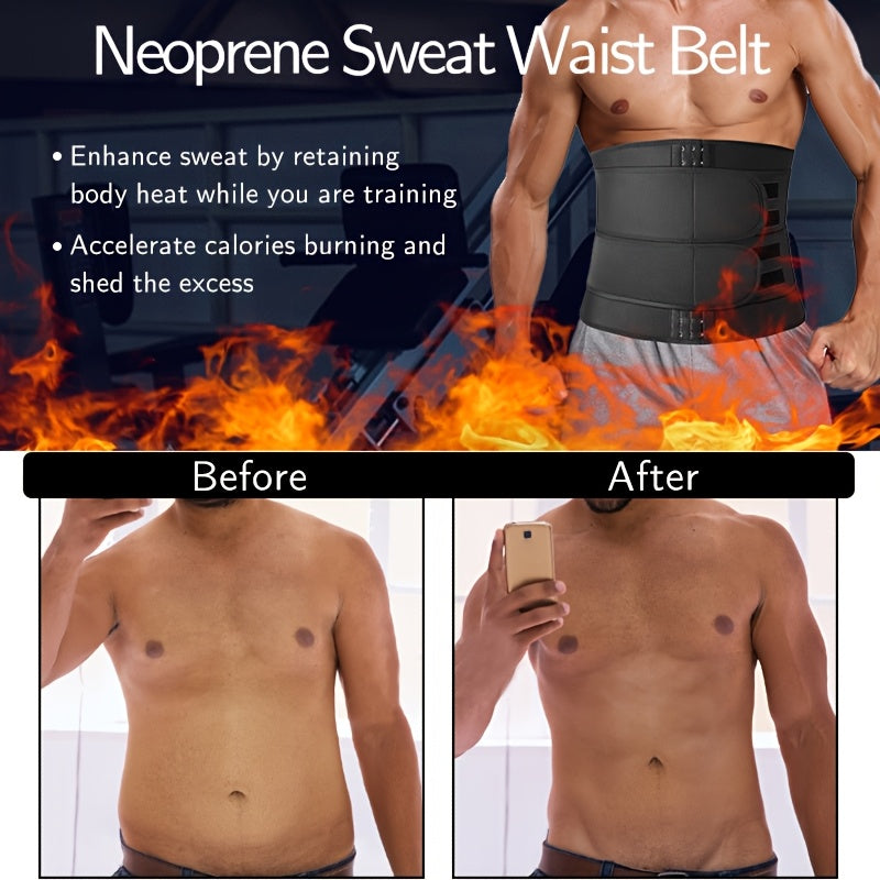 Men's neoprene waist trainer with tummy sheath, sauna body shaper belt, medium stretch, solid color, sports style, includes belt.