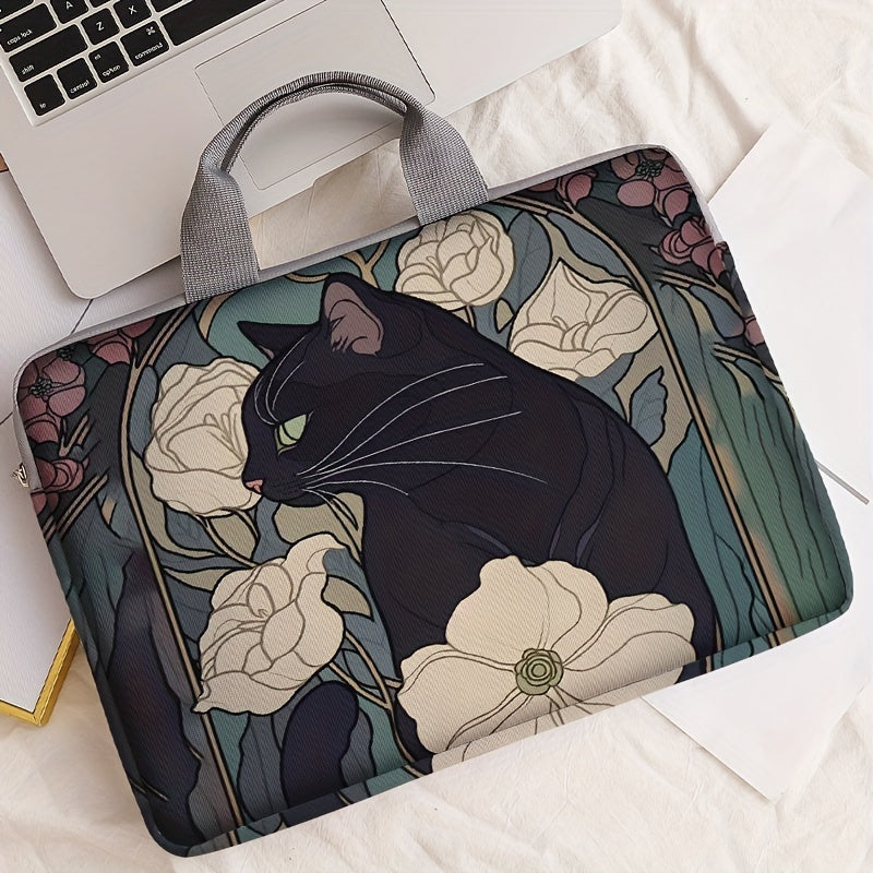 Black Cat with Peonies Laptop Sleeve - 38.0cm, Zip Closure, Printed Polyester, Office, College, Daily Commute Suitable.