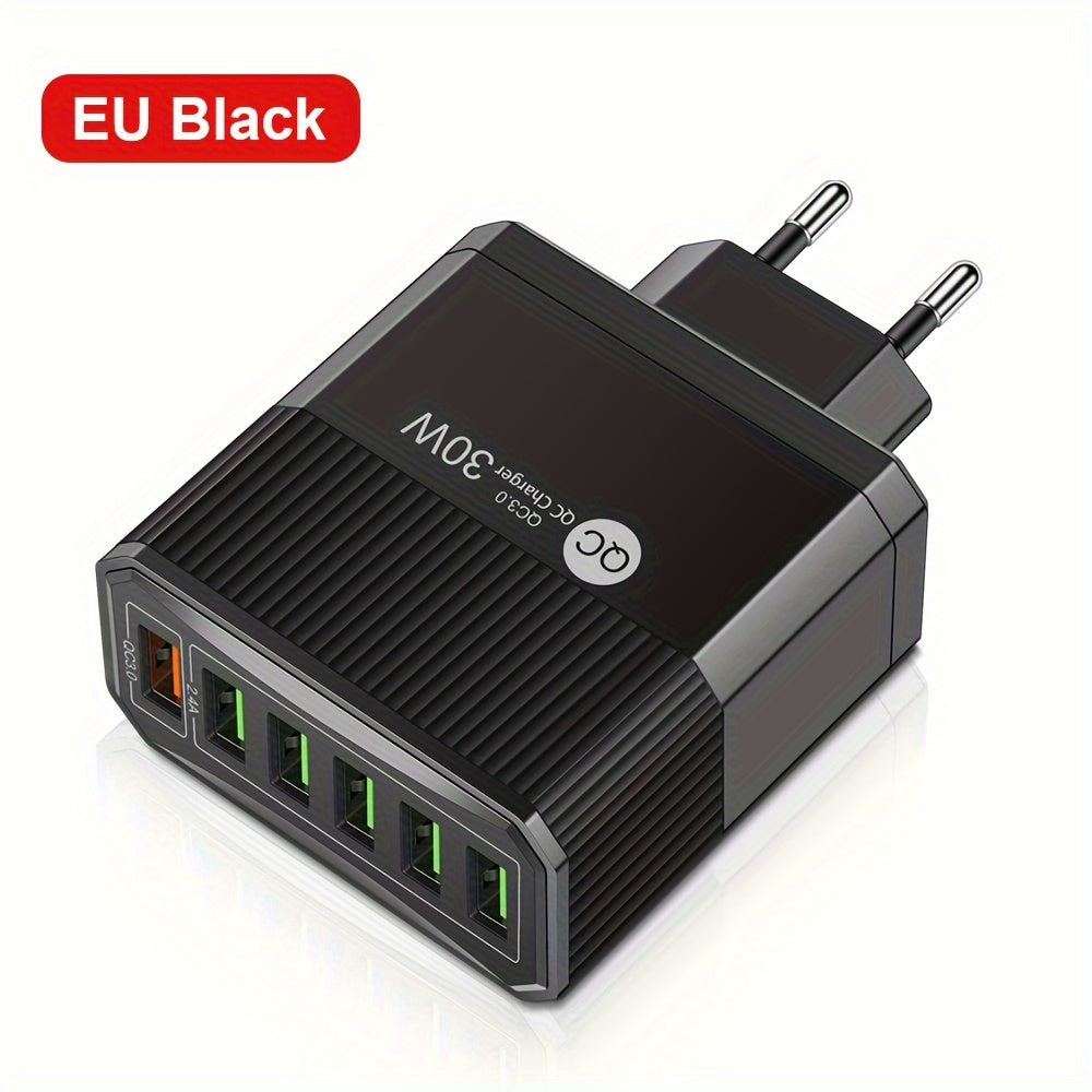 6-port USB wall adapter with 30W fast charging and QC 3.0, EU plug - ideal for mobile devices.