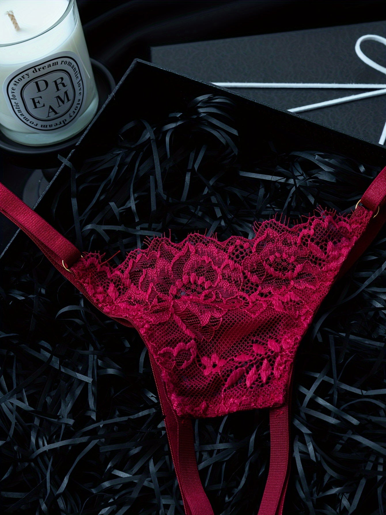 Red lace lingerie set with hollowed out model cup design