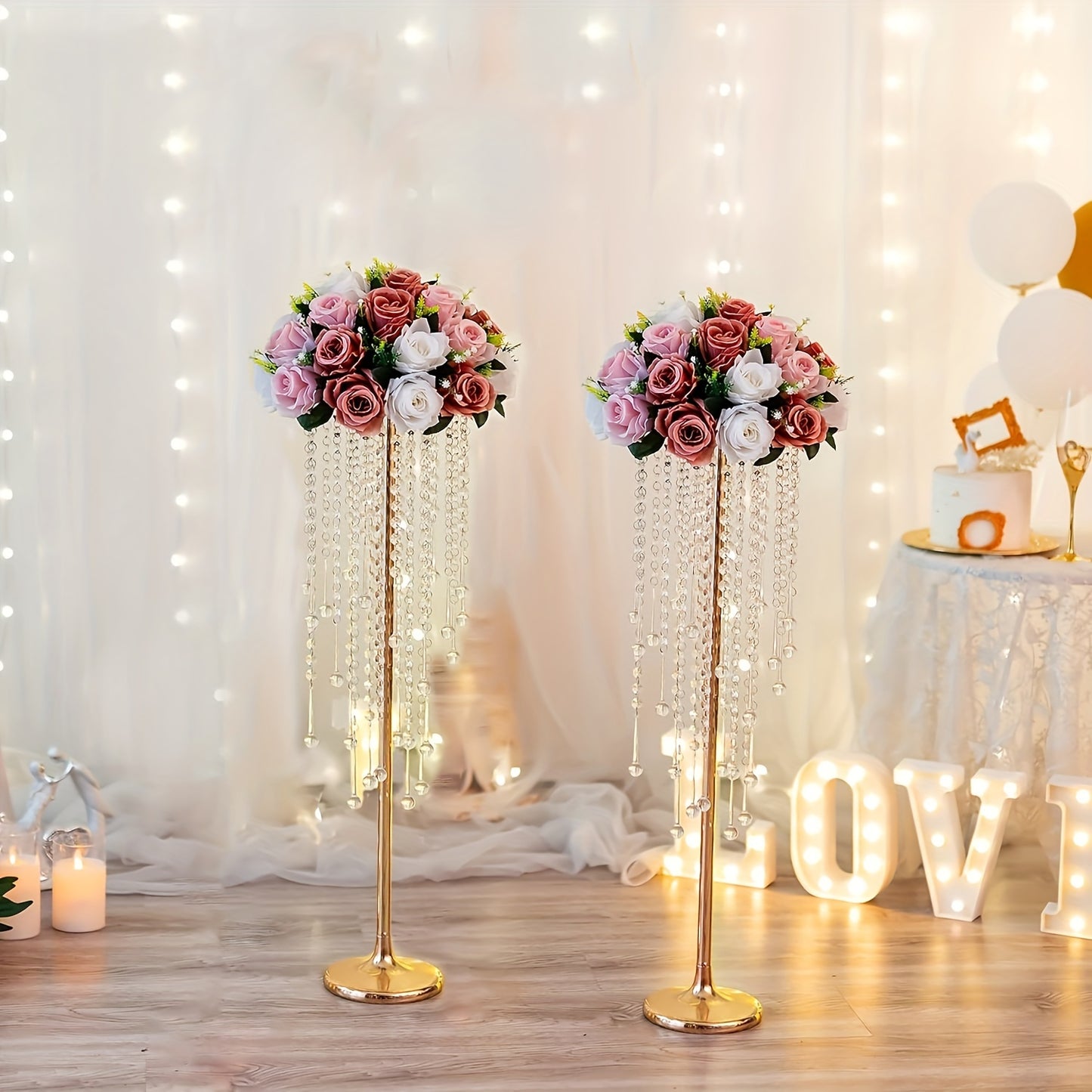 2 crystal flower stands for wedding centerpieces, metal holders for tabletop flower arrangements at reception ceremonies.