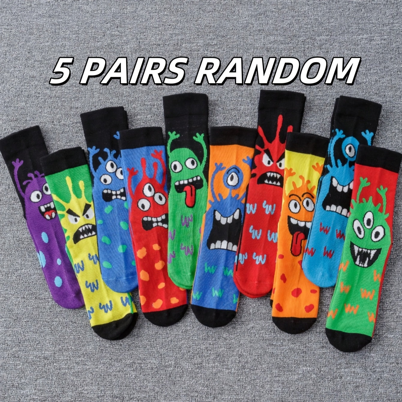 5/10 sets of men's or women's funny pattern mid-tube socks for all seasons.