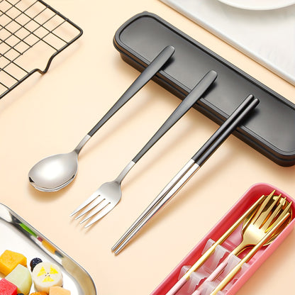 Set of 4 stainless steel portable cutlery with reusable box, including fork, spoon, and chopsticks. Perfect for steak, outdoor gatherings, camping, and as a Chinese-style gift set.