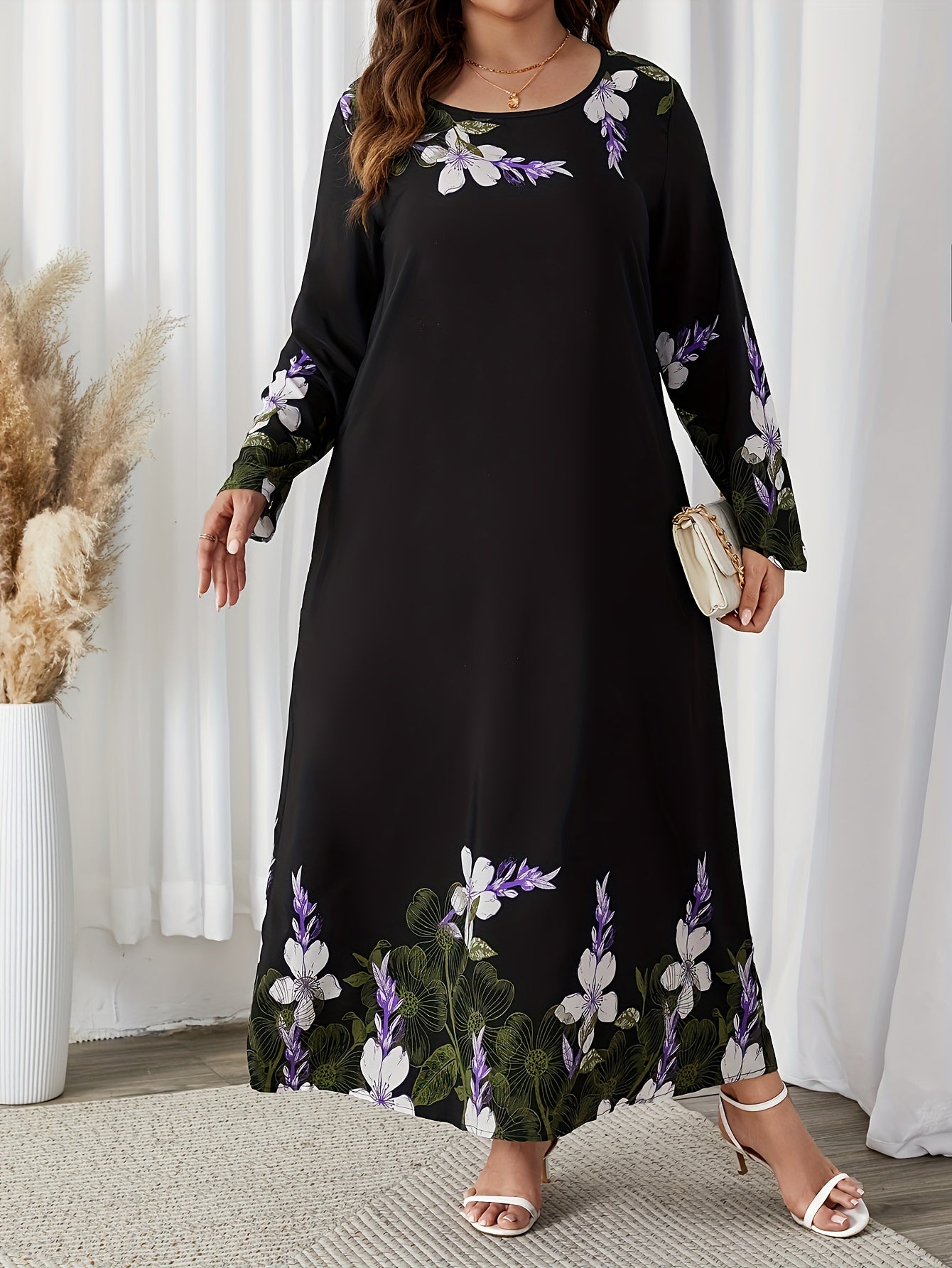 Floral Ankle Length Dress with Long Sleeves, Perfect for Spring & Fall, Plus Size Women's Clothing