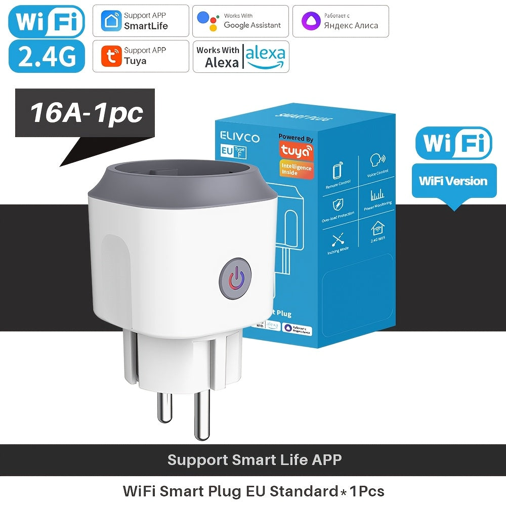 1pc Elivco WiFi Smart Plug for European Standard with App & Voice Control via Google Assistant/Alexa, Power Monitoring, Non-Waterproof, Flush Mount, 110V/220V Compatible, Wi-Fi Enabled.