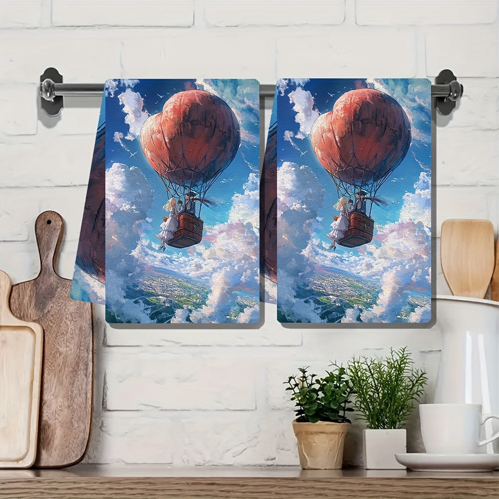 Pair of two super-soft kitchen towels showcasing an animated couple inside a heart-shaped hot air balloon. These highly absorbent dish towels are ideal for holiday decorating and can be easily cleaned in the washing machine. Each towel measures