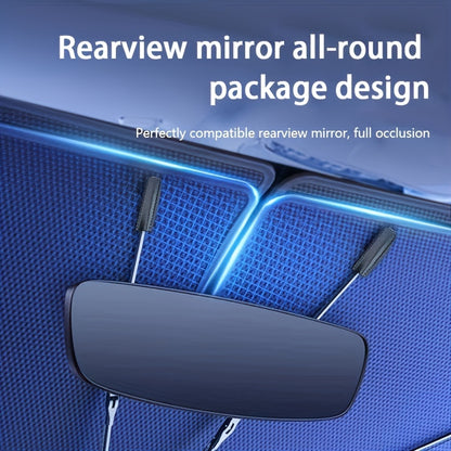 Reflective car sun shade with UV and heat protection, V design rearview mirror, made of iron with hook & loop closure. UPF 50+ sunshade protector.