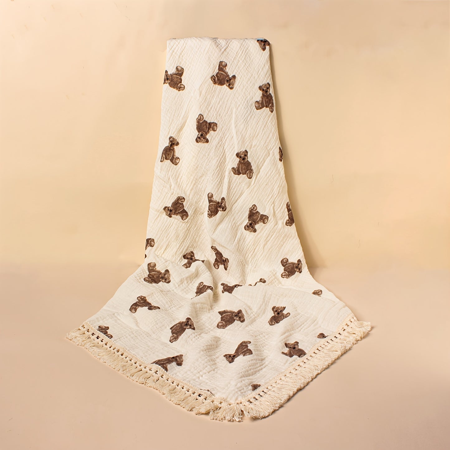 Children's tassel edge cotton blanket with printed design, ideal for baby bath, stroller cover, or windproof use.