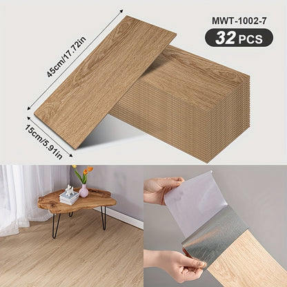 32 peel and paste floor tiles with wood grain design, 45cmx15cm, self-adhesive, waterproof, suitable for bedroom and home decor.