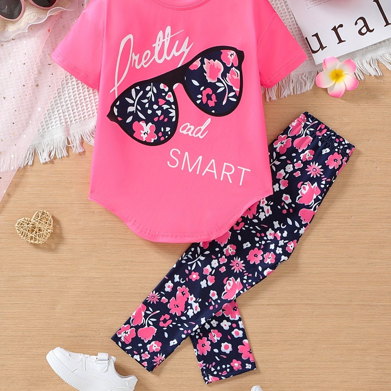 Girls party T-shirt tops with floral print drop shoulder short sleeve loose fit cropped jegging pants set for outdoor