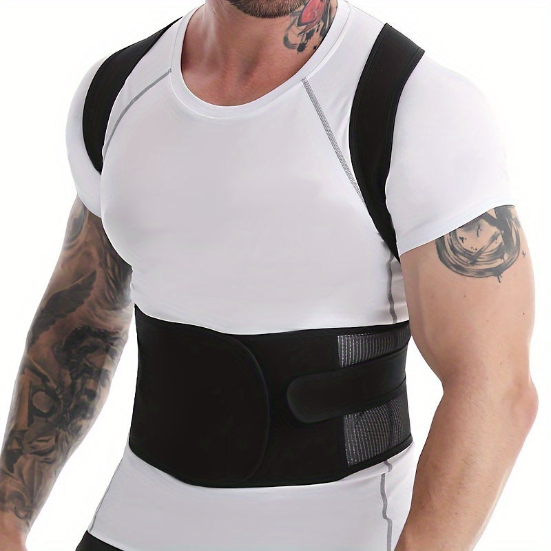 Adjustable men's vest with wide waist support and back brace made of neoprene, polyester, and nylon blend, in a sports style.