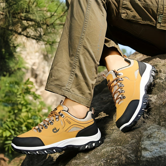 Large men's hiking boots and casual sports shoes with lace closure, solid color, lightweight design, and durable construction for outdoor activities.