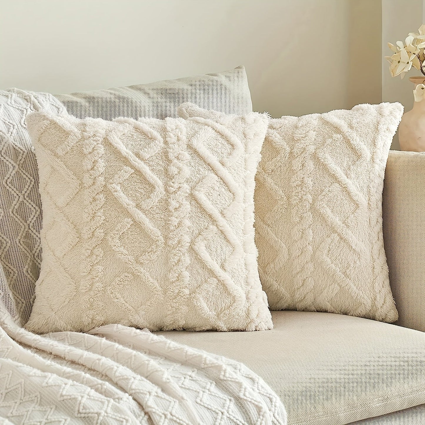 Soft plush geometric pattern throw pillow cover with a cozy and modern decorative cushion case featuring a zipper closure. Made of machine washable polyester in a blue and white herringbone design, perfect for use on the sofa or in the bedroom. Ideal for