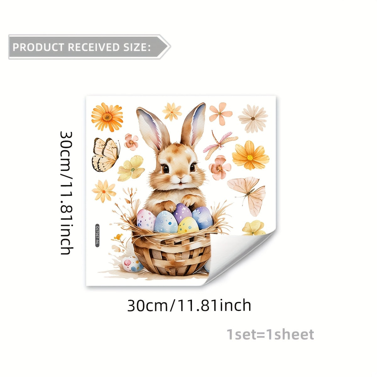 Rabbit Decor - Easter Bunny and Egg Basket Window Cling Decoration - 30x30cm Dual-Sided Electrostatic PVC Sticker with Festive Floral and Butterfly Accents, Reusable for Bedroom or Balcony