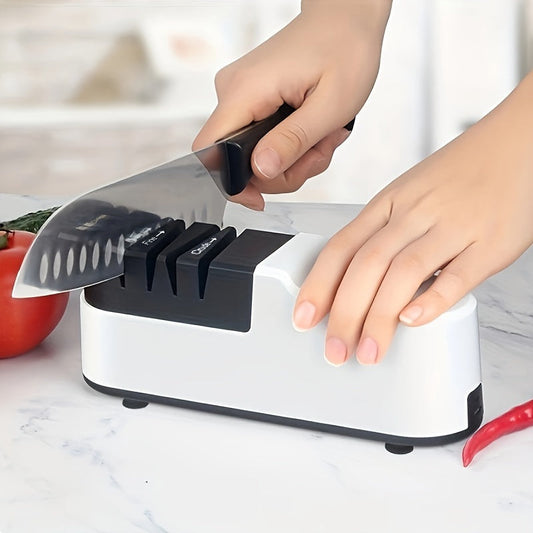 Electric Knife Sharpener with Automatic Function, Rechargeable via USB with 1300mAh Lithium Battery, Suitable for Medium Grit Sharpening, Portable for Camping and Kitchen Use, Made of Durable Plastic