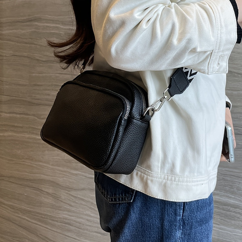 Women's stylish crossbody bag in deep brown, cream white, or black. Features zipper closure and polyester lining.