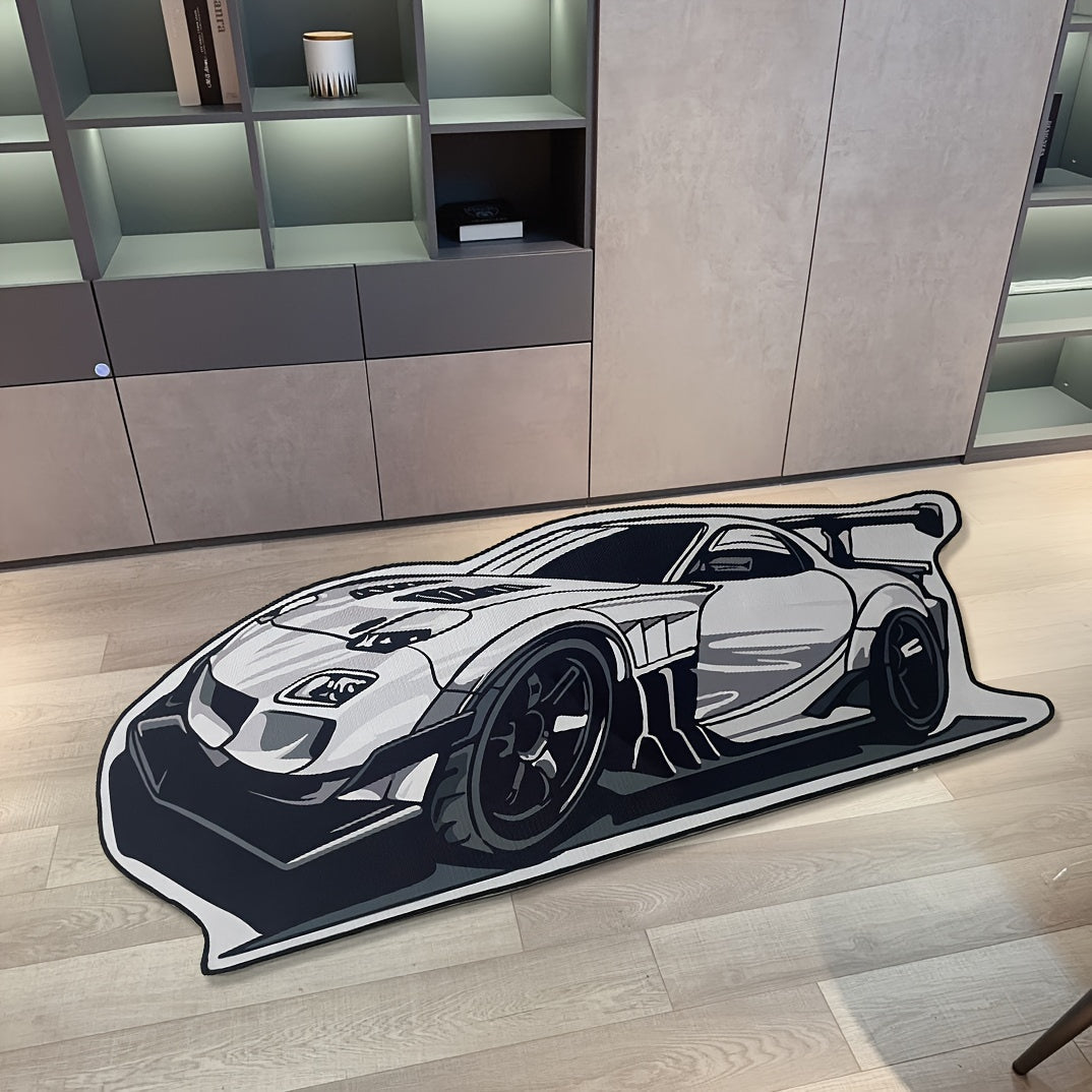 Black and white polyester knit area mat with a cool sports car design, featuring a rubber backing for added durability. This lightweight and washable mat is stain resistant and non-slip, making it perfect for entryways, living rooms, and bedrooms.