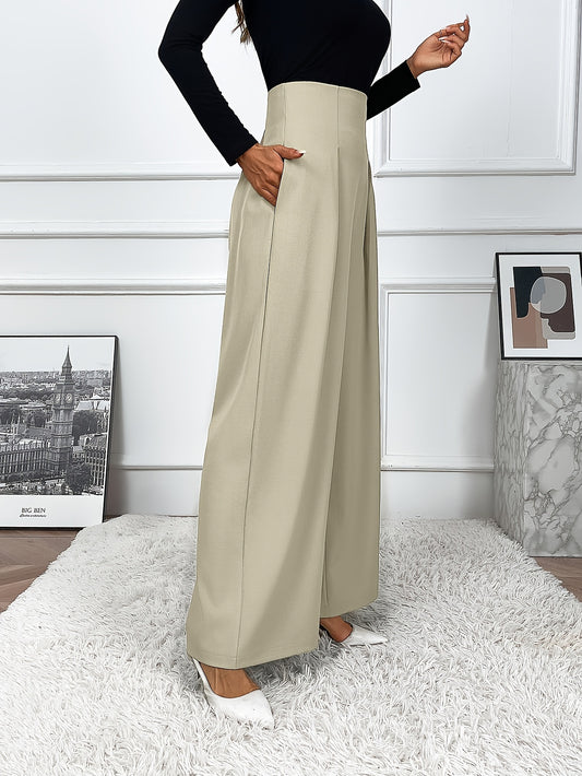 Women's wide leg pants in solid color, made from polyester elastane blend with pocket details for casual wear in spring and summer.