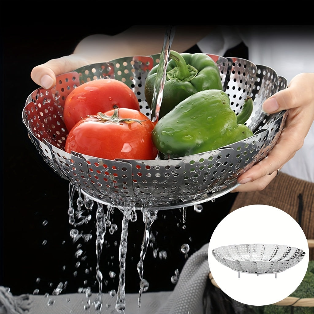 One piece Telescopic Stainless Steel Steamer Basket - Collapsible Steaming Rack for Nutritious and Tasty Dishes