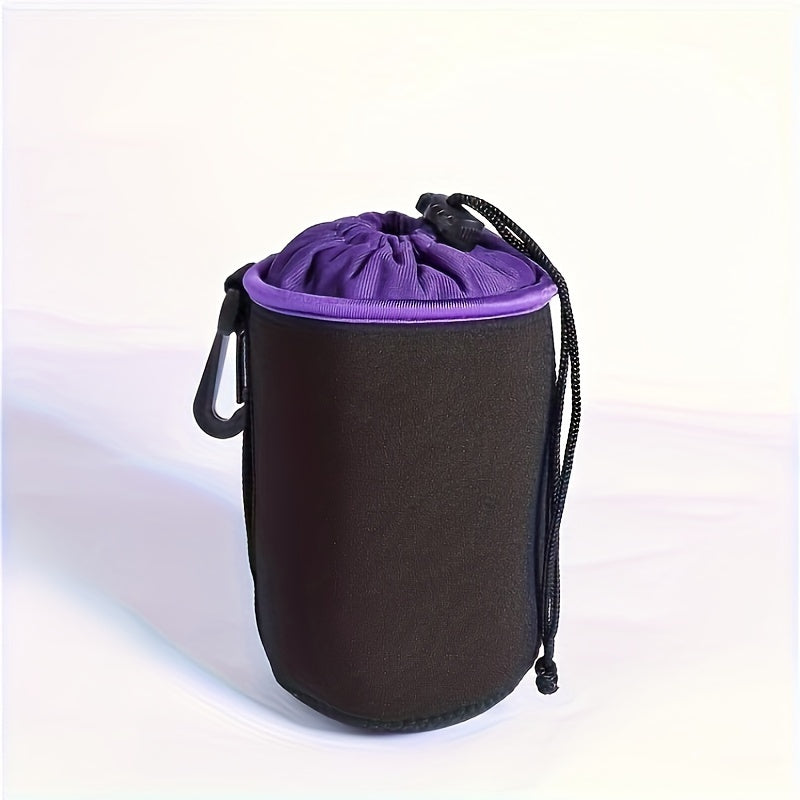 Set of waterproof camera lens bags, including a large SLR lens tube with a suede storage pocket. Made with durable synthetic fabric, this portable lens case comes with a carrying strap for easy transportation of photography accessories.