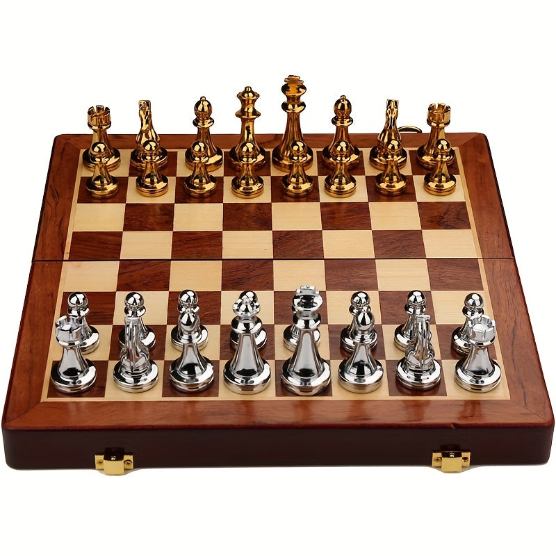 Luxurious chess set with silver pieces on a wooden folding board with zinc alloy pieces.