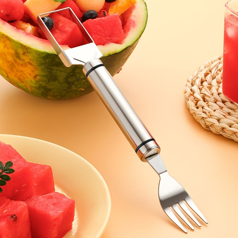 Stainless Steel Watermelon Slicer and Fork for easy, efficient cutting of perfect watermelon cubes, with an ergonomic handle and serving fork included.