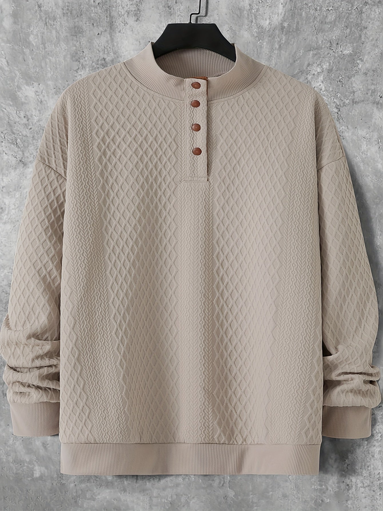 Men's plus size casual cardigan sweater in beige with geometric pattern, button-up front. Perfect for spring and fall. Lightweight and comfortable.