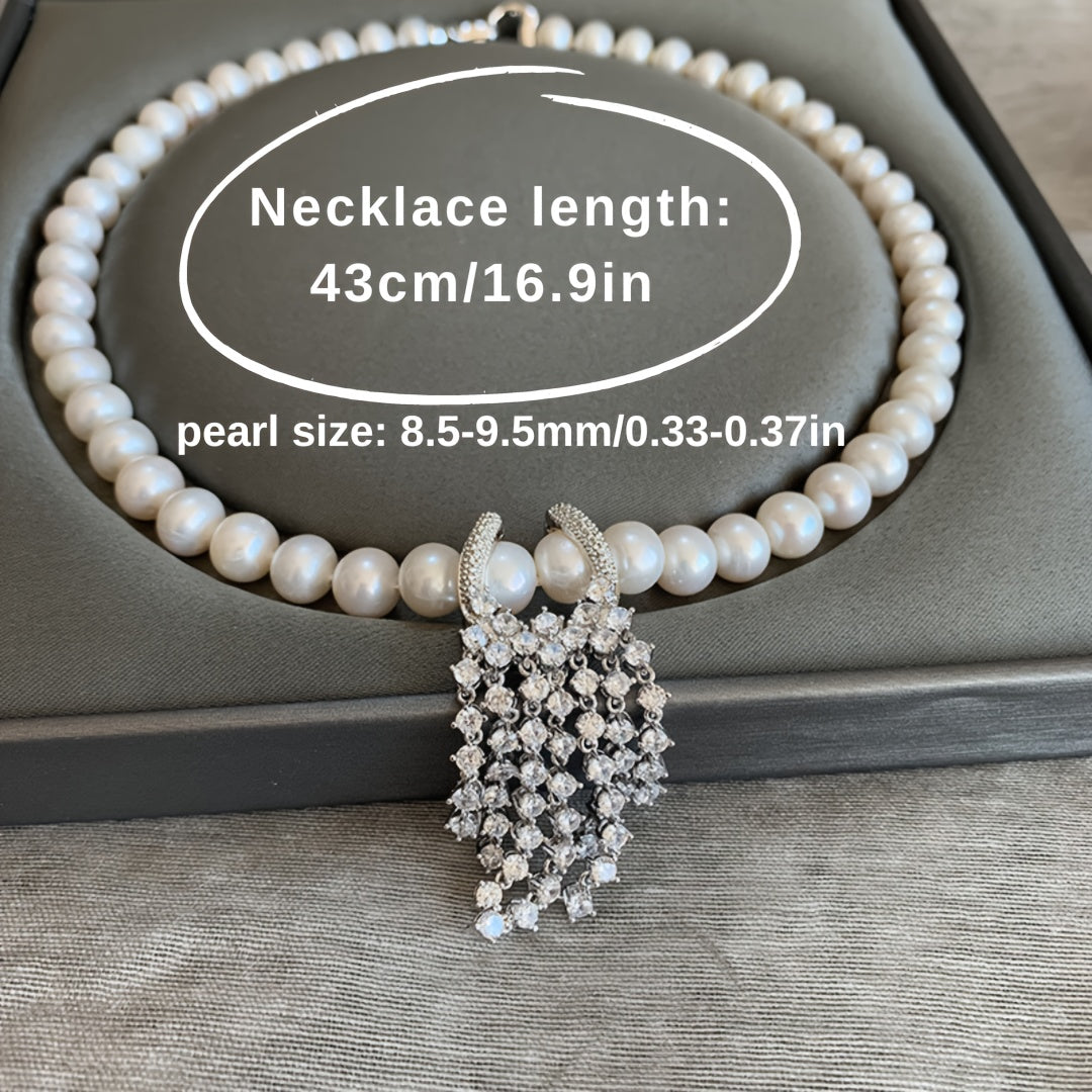 Sophisticated Tassel Necklace featuring Freshwater Pearls and Zirconia - Stylish Collar Necklace with Distinctive Imperfections, Ideal for Formal Events and Everyday Wear, Comes in a Beautiful Gift Box