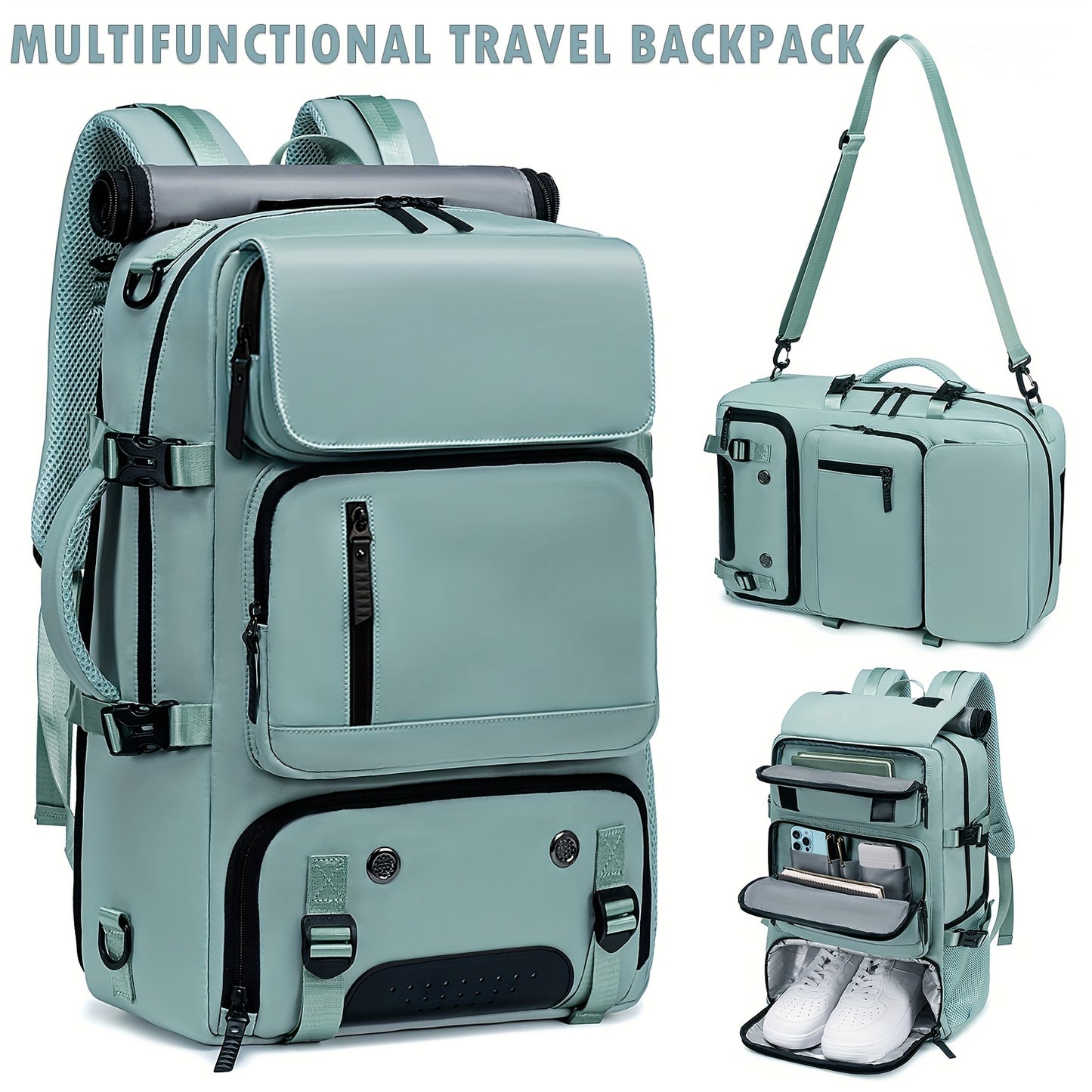 Stylish hiking backpack for men and women with shoe compartments, charging ports, and space for a 17-inch laptop. Ideal for leisure, campus, daily commute, travel, and fitness.