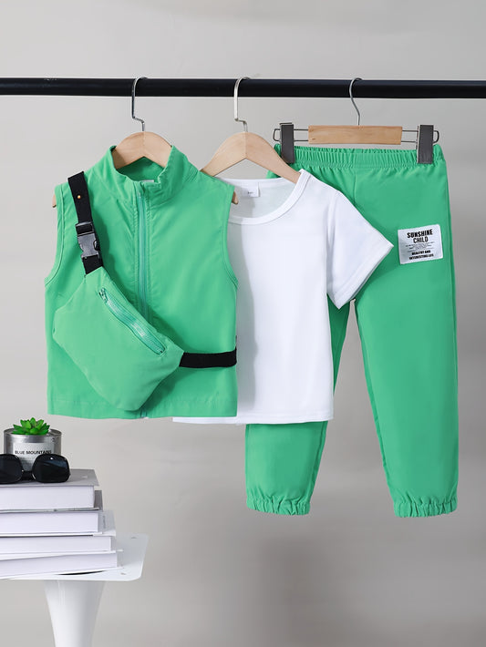 Boys 4-piece spring outfit: Short sleeve t-shirt, sleeveless vest, cargo pants, and crossbody bag. Cool, lightweight, and comfy for outdoor wear.