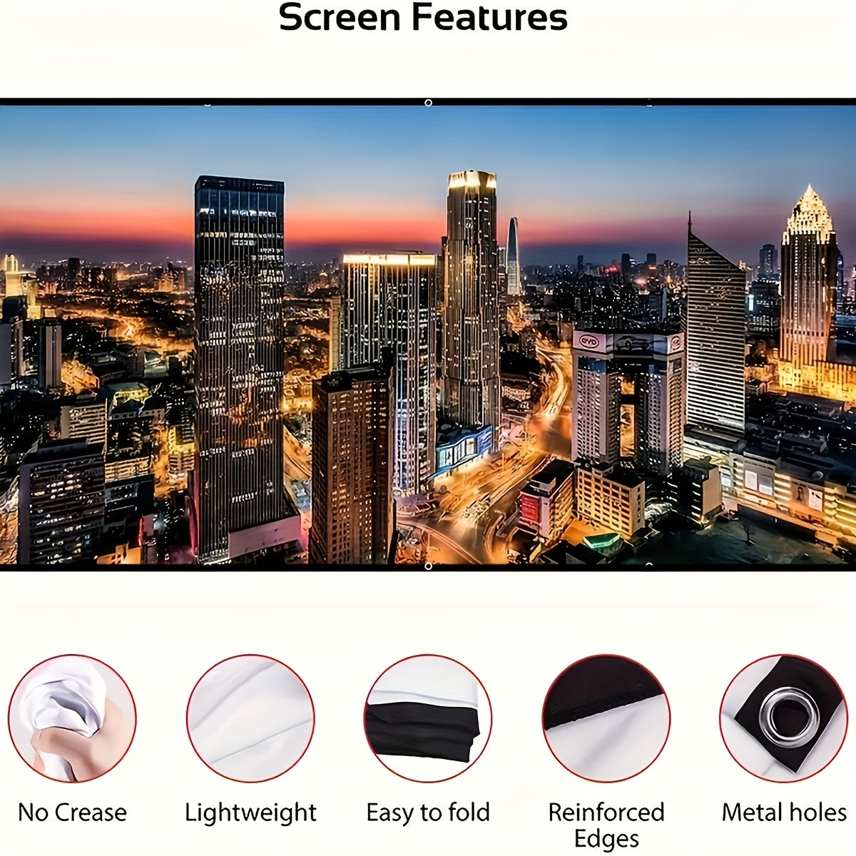 150-inch HD portable projector screen, foldable, wrinkle-free, for indoor/outdoor use, double-sided projection support.