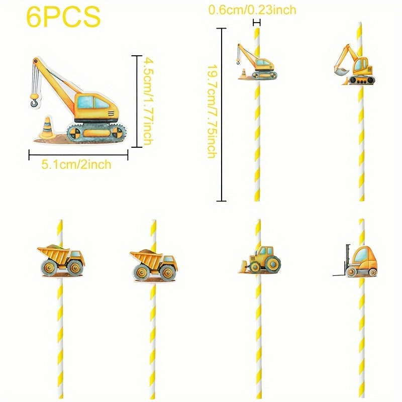 Set of 6 Construction-Themed Paper Straws featuring Yellow Striped Engineer Vehicles - Perfect for Birthday Parties, Baby Showers, Graduations, and Gender Reveals. Decorate your cups with Cartoon Trucks, Excavators, and Cranes!