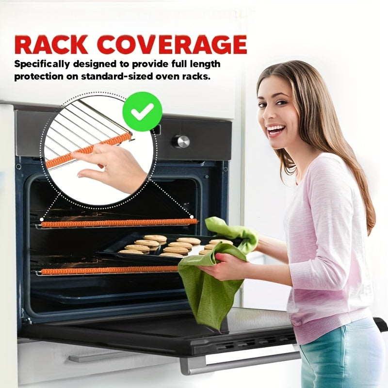 3 pieces of silicone oven rack covers with heat-resistant protective guards. These 14-inch covers are non-electric, food contact safe, and prevent burns and scarring on oven racks.