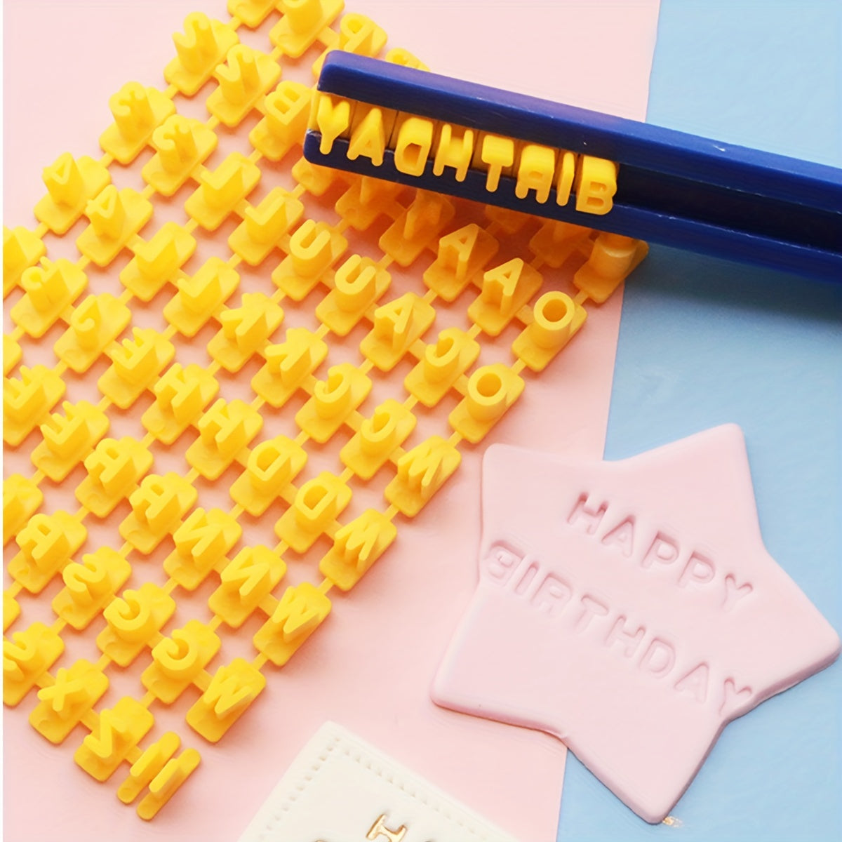 Cookie stamps that are interchangeable, along with a mini alphanumeric cookie cutter, alphabet and numbers cookie embosser, cake and candy decorating tools, and DIY kitchen baking tools.