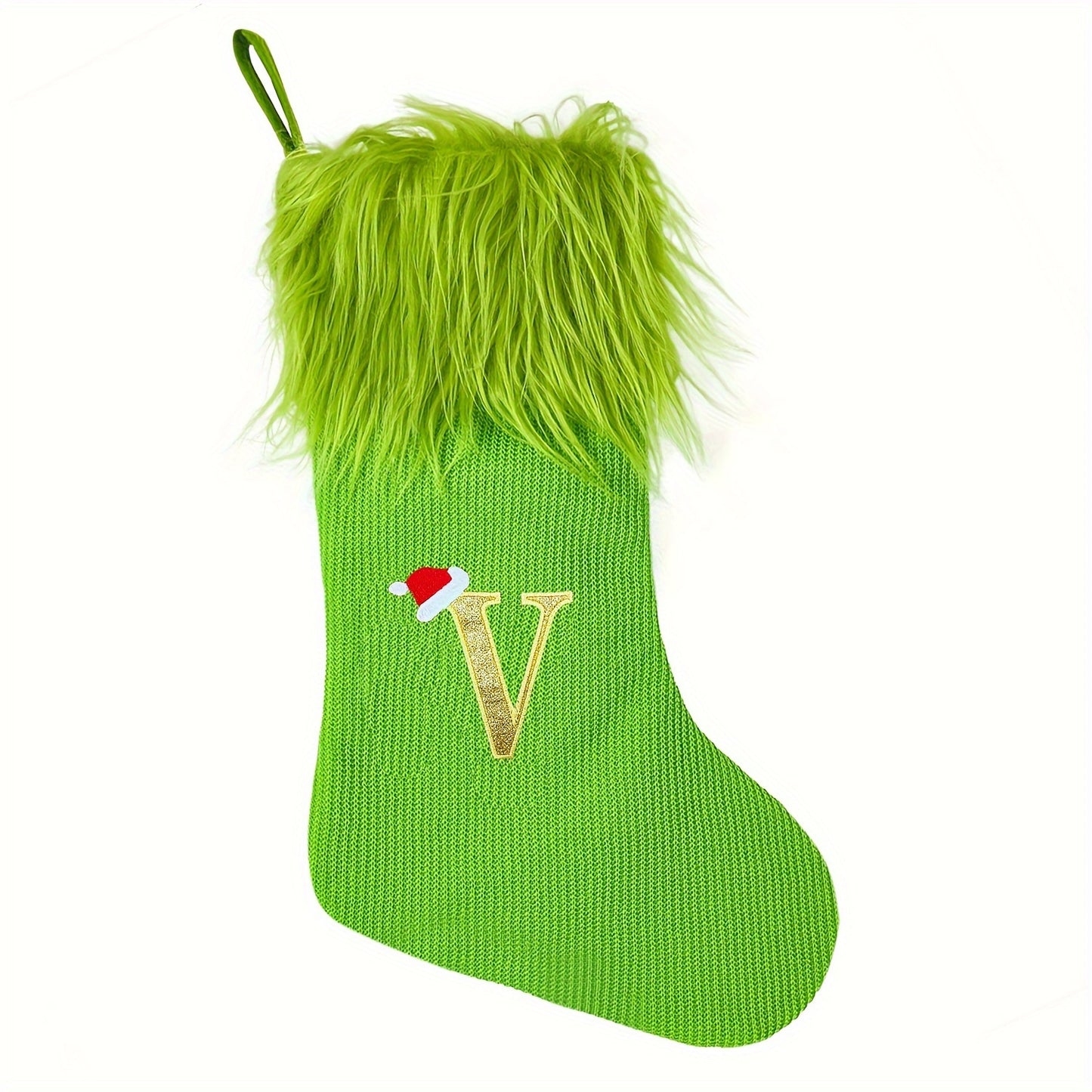 Modern Green Christmas Stocking with Custom Initial Embroidery, Perfect for Holiday Gifts - Single Pack