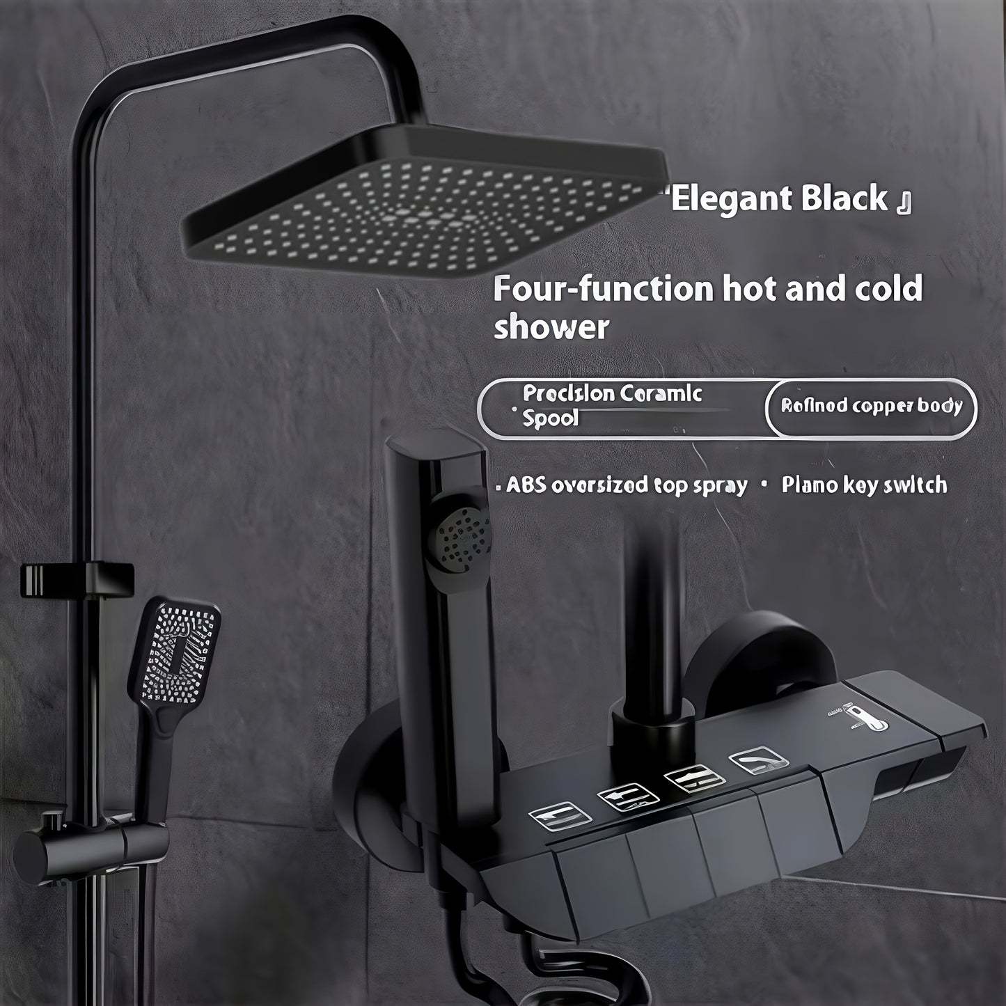 Wall-mounted luxury copper black rainfall shower head set with constant temperature control and pressurized water flow.