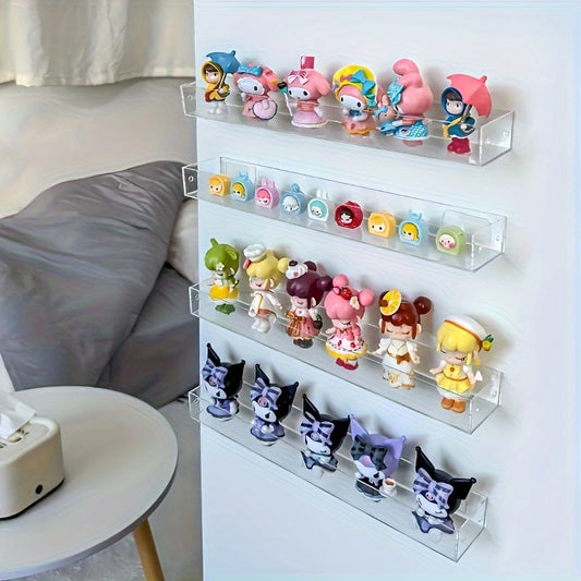 Transparent wall-mounted display shelf for collectibles and anime figures, dust-free with adhesive strips, perfect for storing keys in entryway.