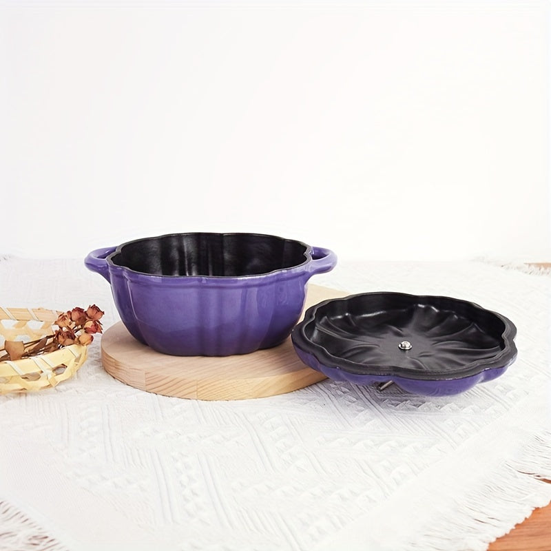 This versatile pumpkin-shaped enamel cast iron pot is perfect for the home, ideal for making soups. It is non-stick and can be used on induction, ceramic, electric, halogen, and gas cooktops.